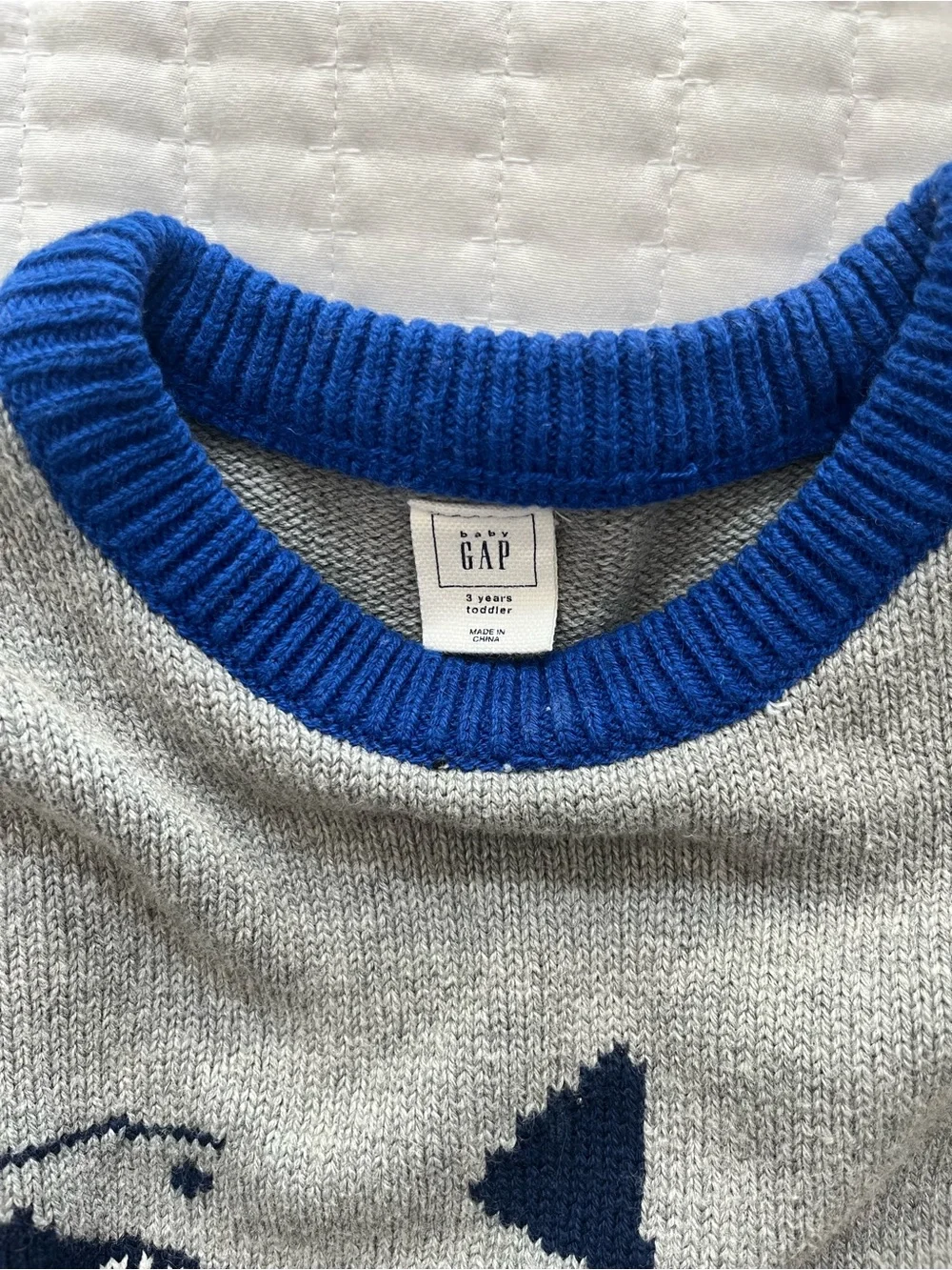 Gray 3T Kids Sweater with Navy Shark and Red Stripe Detail